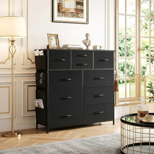 Dresser for Bedroom with Side Pockets and Hooks, 10 Drawers Storage Organizer Chest of Drawers, Sturdy Metal Frame for Living Room, Hallway, Closet, Black