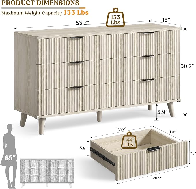 Lulive Wood Dresser for Bedroom with 6 Drawers, 53.2" Long Fluted Modern Chest of Drawers Storage Organizer, Dressers TV Stand for Living Room, Closet, Hallway (White Oak)