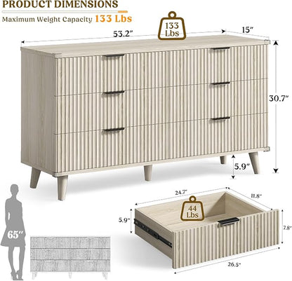 Lulive Wood Dresser for Bedroom with 6 Drawers, 53.2" Long Fluted Modern Chest of Drawers Storage Organizer, Dressers TV Stand for Living Room, Closet, Hallway (White Oak)