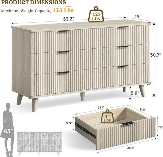 Lulive Wood Dresser for Bedroom with 6 Drawers, 53.2" Long Fluted Modern Chest of Drawers Storage Organizer, Dressers TV Stand for Living Room, Closet, Hallway (White Oak)