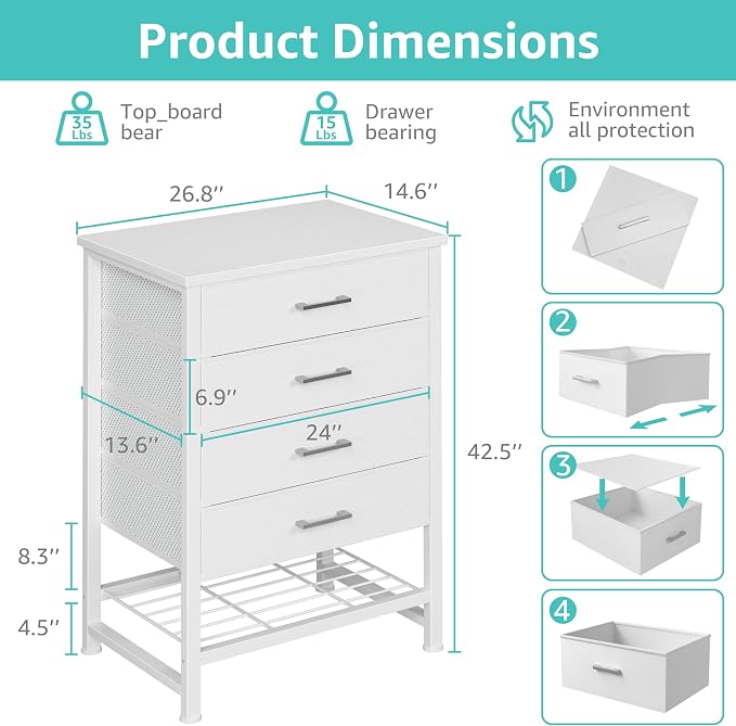 BOLUO White Dresser for Closet with 4 Drawers and Shelf Large Closet Drawers for Closet Organizers and Storage Bedroom Dorm Modern