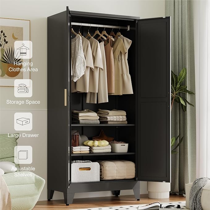 Baborokic Metal Armoire Wardrobe Closet with Hanging Rod,71H Metal Cabinet with Doors and Shelves,Freestanding Bedroom Armoire Closet,Storage Cabinets for Bedroom,Office,Laundry Room(Black)