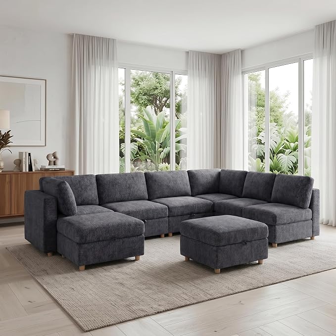 ERYE 132-Inch Oversized U Shaped Sectional Sofa 8 Seat Modular Storage Sofa Couch W/Deep Seat,Skin Friendly Plush Chenille Upholstered Corner Convertible Sectional W/Movable Ottoman