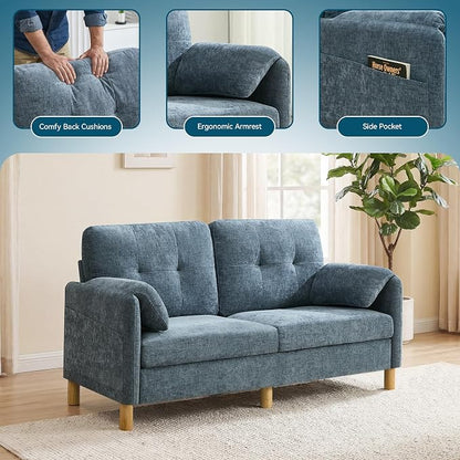 65" Loveseat Sofa, Mid Century Loveseat Couch for Living Room with Storage Pockets, Upholstered Small Loveseat for Small Spaces, Bedroom, Home Office, Apartments, Small Sofa Chenille Navy Blue