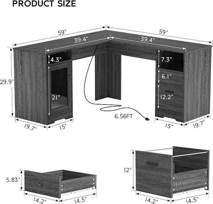 MU L Shaped Desk with File Cabinet, Corner Computer Desk with Storage Drawers, Large Home Office Table with Power Outlets, 60 Inch (Grey)