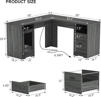 MU L Shaped Desk with File Cabinet, Corner Computer Desk with Storage Drawers, Large Home Office Table with Power Outlets, 60 Inch (Grey)