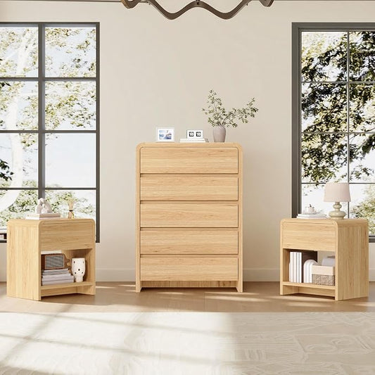AMERLIFE Modern 3-Piece Bedroom Furniture Set with 5-Drawer Dresser and 2 Nightstands, Large Storage Capacity, Rounded Corners, Flexible Combination Design, Anti-Tip Kit Included, Light Oak