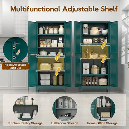 UNICOLY 75" Kitchen Pantry Cabinet, Tall Storage Cabinet with Doors and 4 Shelves, Metal Storage Cabinets for Kitchens, Living Room, Dinning Room, Assembly Required, Green