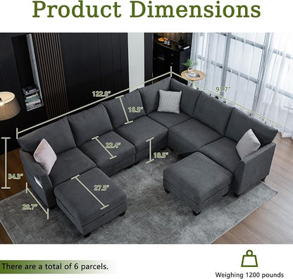 122.8" Large Sectional Couches for Living Room, 6 Seater L Shaped Modular Sectional Sofa with Two Storage Ottomans & USB, Oversized Corner Couch for Living Room(Grey)