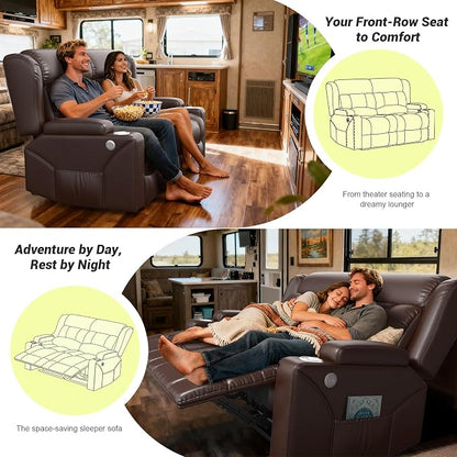 RV Loveseat Recliner Sofa, Reclining Loveseat Home Theater Seating with USB Ports, Cup Holders, Insert Pockets, Wall Hugger RV Recliners for Movie Room, Recline Movie Seats Gaming Sofa, Brown
