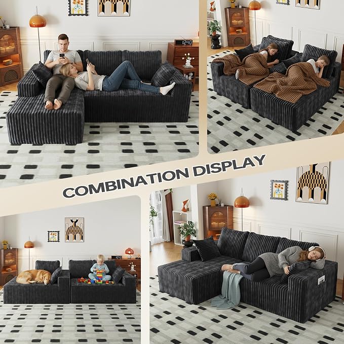 Cloud Boneless Sectional Couches with Oversized Chaise for Living Room, Modular L Shaped Couch with Deep Seat, Memory Foam Compressed 3 Seater Sofa for Apartment
