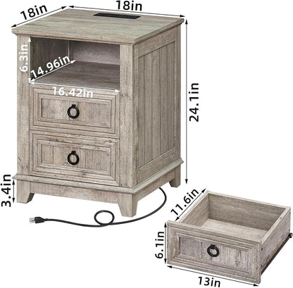 Joaxswe 18" Farmhouse Night Stands Set of 2 with Charging Station, 2 Drawers End Table Dresser for Bedroom, Oak Wooden Nightstand, Bed Side Table with Open Shelf, Bedside Cabinet for Living Room
