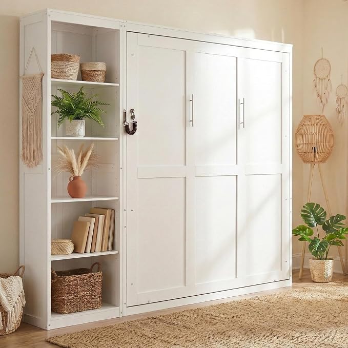 Merax Space-Saving White Murphy Bed Queen Size with Adjustable Storage Shelves, Multifunctional Foldable Wall Bed for Small Spaces Studio Study Office Guest Room