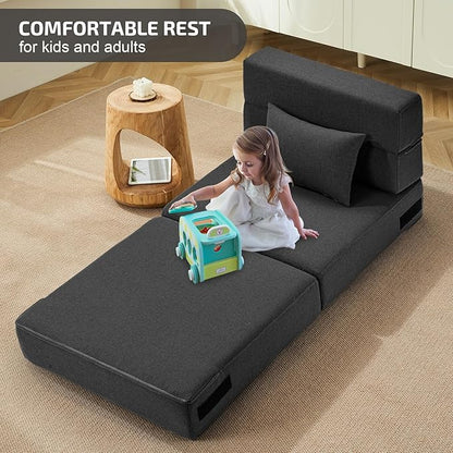 SUYOLS Folding Sofa Bed with Pillow- Convertible Chair Floor Couch & Sleeping Mattress, Foldable Memory Foam Sleeper for Living Room/Dorm/Guest Room/Home Office/Apartment/Loft, Single26, Dark Gray