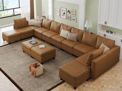EASE MOOSE Faux Leather Modular Couch Sectional Sofa with Storage Ottomans, Oversized U Shaped Faux Leather Sectional Couch, Brown