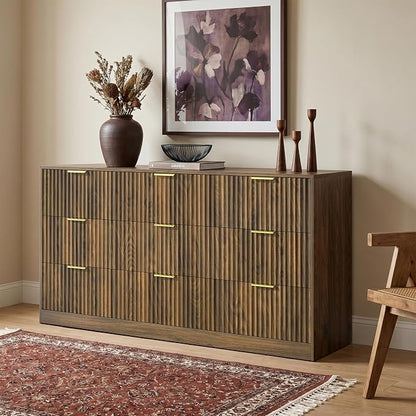 Walnut 9 Drawer Dresser for Bedroom, 63" Wide Modern Fluted Chest of Drawers, Wooden Dresser with Gold Metal Handles, Mid Century Large Dresser TV Stand for Living Room Hallway