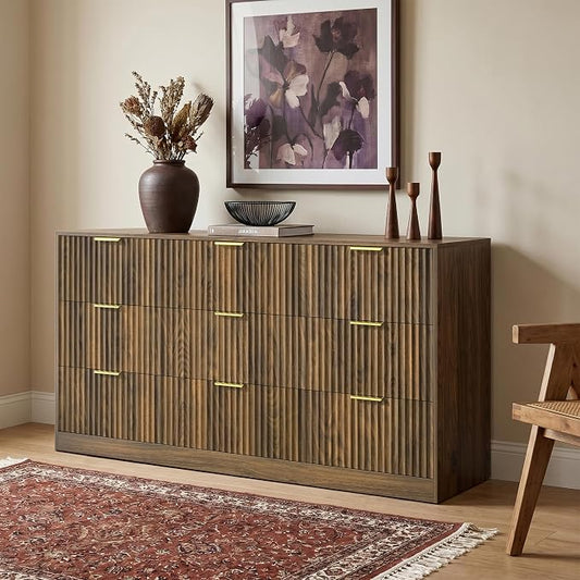 Walnut 9 Drawer Dresser for Bedroom, 63" Wide Modern Fluted Chest of Drawers, Wooden Dresser with Gold Metal Handles, Mid Century Large Dresser TV Stand for Living Room Hallway