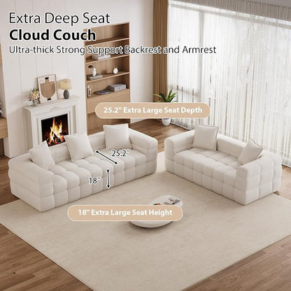Chenille Cloud Sofa Couch Set with 5 Soft Pillows,Comfy Upholstered LoveSeat Sofa Set,Modern Deep Seat Sherpa Cloud Couch, Oversized Love Seat for Living Room,Beige White