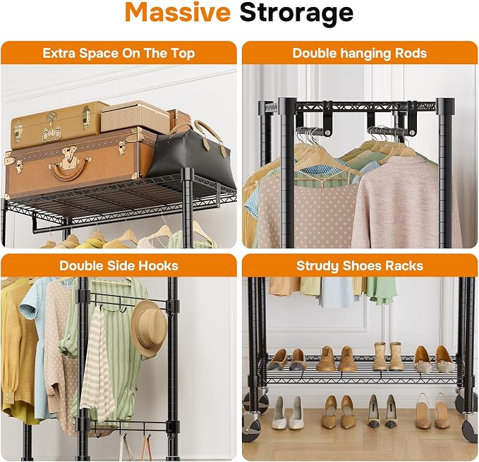Simple Deluxe Rolling Clothes Rack, Heavy Duty Clothing Rack, 3-Shelf Portable Adjustable Wardrobe Closet with Wheels, Hanging Rods & Side Hooks, 29.5" W x 15.7" D x 75.6" H, Black