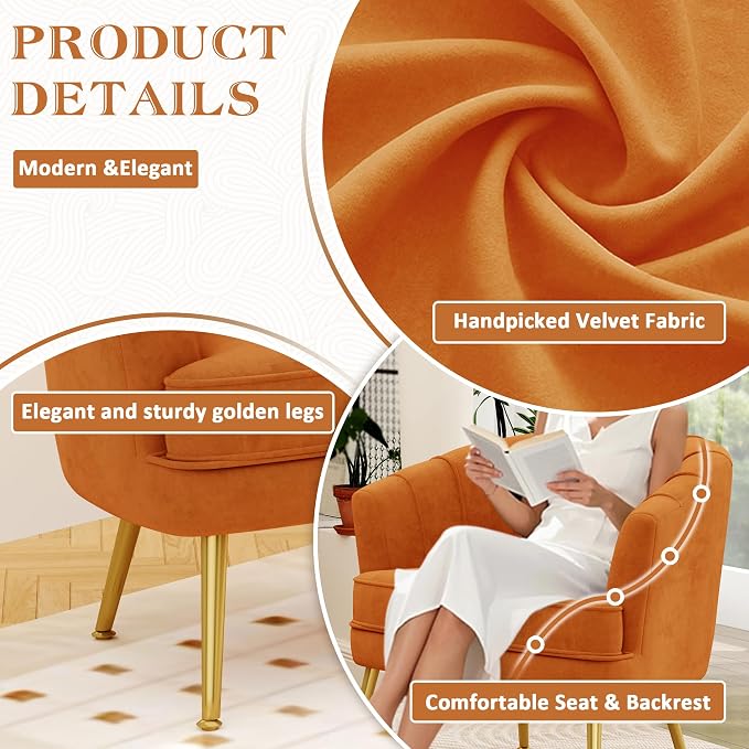 Andeworld Velvet Accent Chair, Upholstered Modern Single Sofa Side Chair,Comfy Barrel Club Living Room Armchair with Golden Metal Legs for Bedroom Living Reading Room Office,Caramel Orange