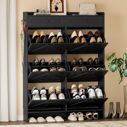 BORNOON Shoe Cabinet for Entryway, Farmhouse Shoe Storage Cabinet with 6 Flip Drawers and 2 Top Drawers, Tall Narrow Shoe Organizer Cabinet with Adjustable Shelves, Side Hooks and Anti-Tip Kit