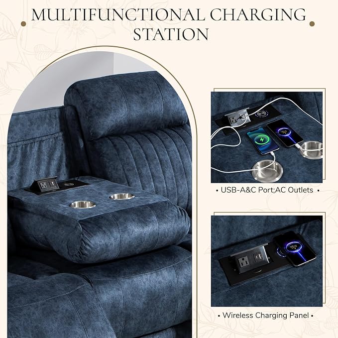Power Reclining Sofa with Zero Gravity, Electric Reclining Couch with Adjustable Headrest, Wireless Charge, USB/Type-C Ports, 3 Seater Recliner Sofa for Living Room (Blue, 3 Seater Sofa)