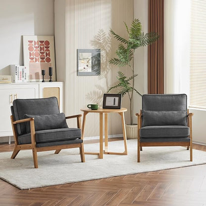 Karl home Mid-Century Lounge Accent Chair, Gray | Wide Curved Armrest, Linen Fabric, Lumbar Pillow Included, Solid Wood Frame, For Living Room, Bedroom, Balcony, Apartment