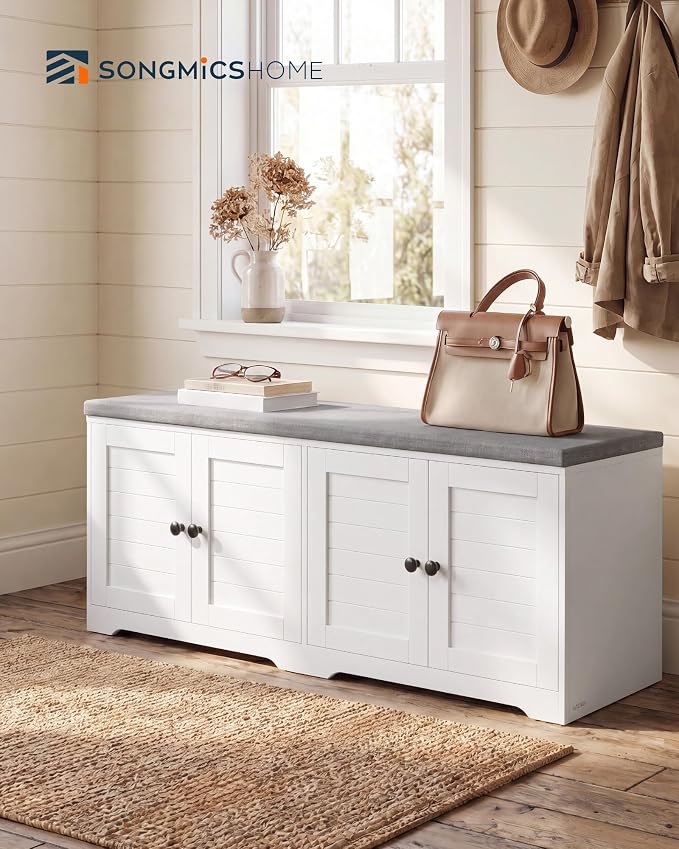 SONGMICS HOME 3-Tier Entryway Bench, Shoe Bench with Padded Seat, for Hallway, Bedroom, 14.2 x 47.8 x 20.9 Inches, White and Gray