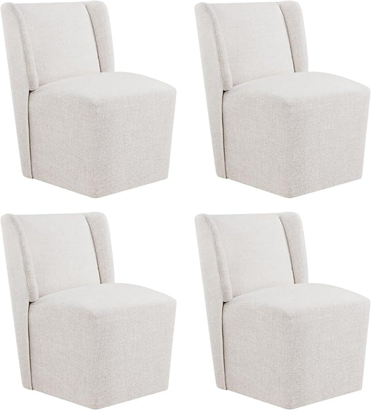 KISLOT Upholstered Dining Chairs Set of 4 with Casters, Wingback Modern Side Armless Deskchair with Rollers for Diningroom Bedroom Livingroom Reading Room, Linen Fabric