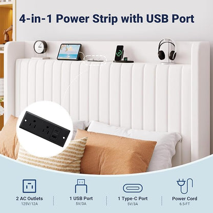 Allewie Full Size Lift Up Storage Bed Frame,Storage Shelf Headboard with Charging Station,Type-C and USB Ports,Hydraulic Support,Velvet Upholstered Bed Frame,No Box Spring Needed,White