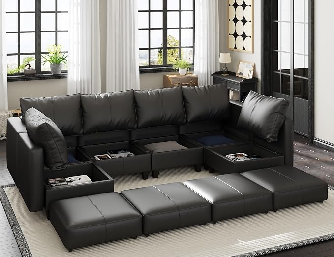 EASE MOOSE Modular Sofa with Storage, Faux Leather Sectional Sofa U Shaped Sectional Couches for Living Room, Black
