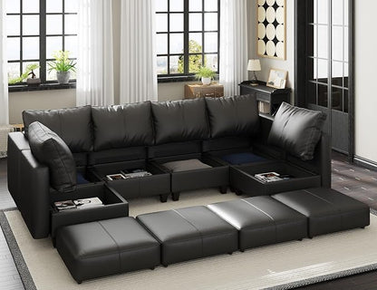 EASE MOOSE Modular Sofa with Storage, Faux Leather Sectional Sofa U Shaped Sectional Couches for Living Room, Black
