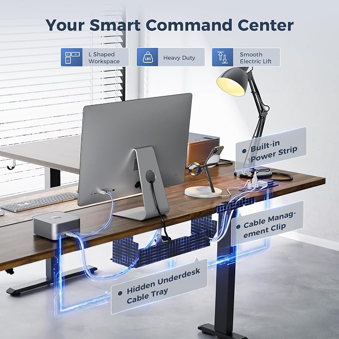 Klicelor L Shaped Standing Desk 63 x 48 Inch,Electric Height Adjustable Corner Desk with Cable Management & Power Outlets, Ergonomic Sit Stand Up Computer Table for Home Office,Dark Walnut