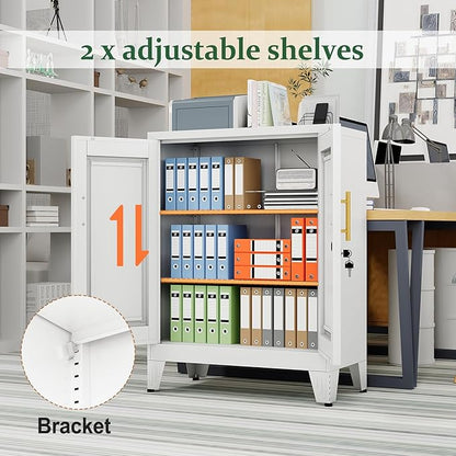 White Metal Storage Cabinet, 36" Tall Locking Storage Cabinet, 14”D | with 2 Adjustable Shelves, Steel Locker Organizer, Metal Freestanding Buffet Cupboards Sideboard for Office, Home, School,2PS