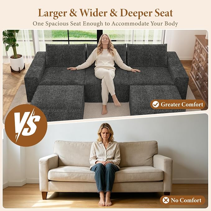 Vesgantti 114" Boneless Modular Sectional Sofa, Modern U Shaped 5 Seater Couch with 2 Ottoman & Deep Seat, Convertible Chenille Cloud Couches for Living Room, No Assembly Required, Dark Grey