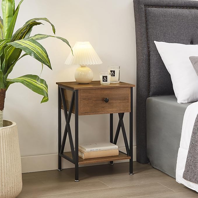 VECELO Nightstands Set of 2, Modern Bedside End Tables, Night Stands with Drawer and Storage Shelf for Living Room Bedroom, Industrial Metal Frame