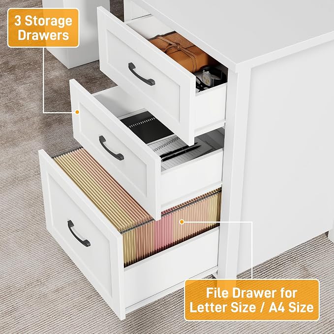 Vabches Farmhouse 68" H L Shaped Desk with Hutch,Office Table with 3 Drawers and Sliding Doors, Executive Desk with File Drawers, Wood Workstation for Home Office and Study.Cream White