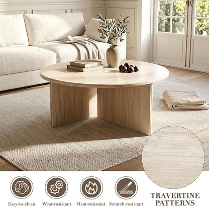 DUOMAY Modern Round Coffee Table Beige Travertine Finish Center Table Faux Marble 31.5" Wooden Tea Table for Living Room, Reception Room, Home Office, Luxury Minimalist