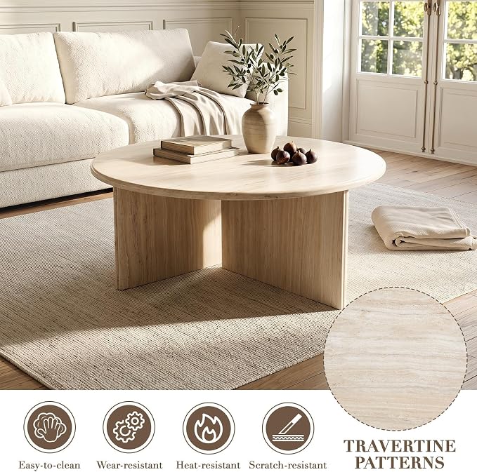 DUOMAY Coffee Table and End Table Set of 2 Modern Round Nesting Coffee Table Faux Marble Side Table Wooden Beige Travertine Finish for Living Room, Reception Room, Home Office