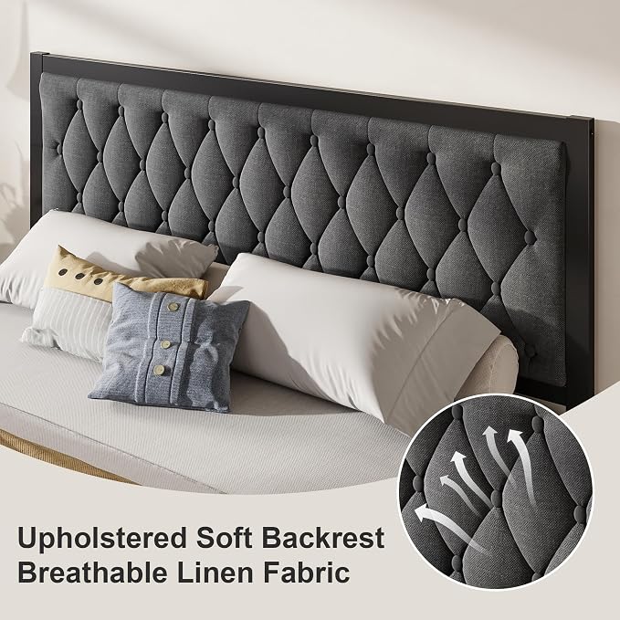 Fluest King Bed Frame with Headboard Linen Upholstered Bed Frame Platform,All Metal Slats Support Platform Bed Frame with Storage Space,Easy Assembly,Noise Free,No Box Spring Needed,Grey