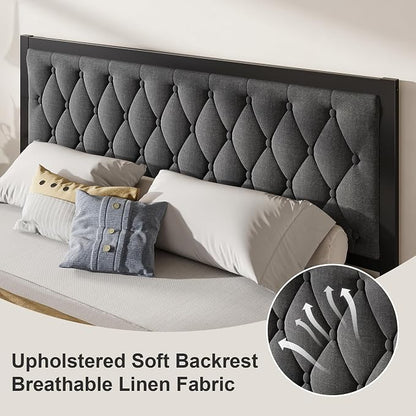 Fluest King Bed Frame with Headboard Linen Upholstered Bed Frame Platform,All Metal Slats Support Platform Bed Frame with Storage Space,Easy Assembly,Noise Free,No Box Spring Needed,Grey
