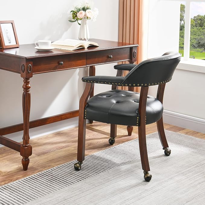 LEEMTORIG Set of 2 Large Dining Chairs with Casters and Arms, Rolling Dining Chairs with Wheels, Accent Game Table Chairs, 26" D x 25.2" W x 31.5" H, Cherry Legs & Black SY-1533-BK
