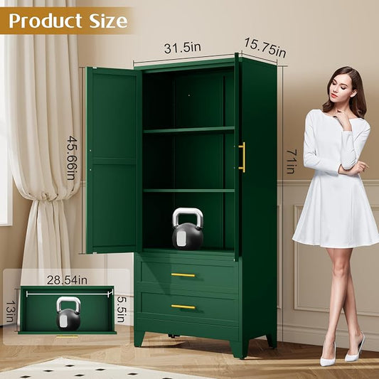 GAIOUS 71" Metal Armoire Wardrobe Closet, Metal Wardrobe Cabinet with Hanging Rod (Green)