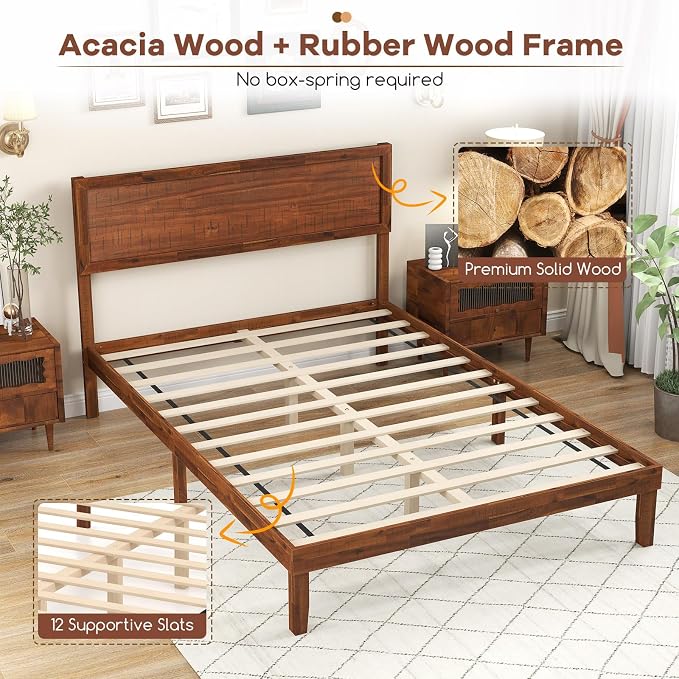KOMFOTT Full Size Wood Bed Frame with Headboard, Solid Acacia Wood Platform Bed Frame, Wooden Slats Supported Bed Base with Under-Bed Storage Space, No Box Spring Needed Mattress Foundation