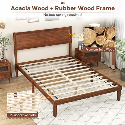 KOMFOTT Full Size Wood Bed Frame with Headboard, Solid Acacia Wood Platform Bed Frame, Wooden Slats Supported Bed Base with Under-Bed Storage Space, No Box Spring Needed Mattress Foundation
