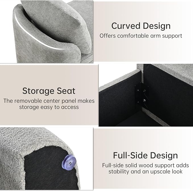 Usaint 58.3" Storage Ottoman Bench with Pillows, Upholstered End of Bed Bench with Arms, Footrest Stool Bench for Bedroom, Living, Window, Entryway and Hallway, Grey