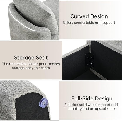 Usaint 58.3" Storage Ottoman Bench with Pillows, Upholstered End of Bed Bench with Arms, Footrest Stool Bench for Bedroom, Living, Window, Entryway and Hallway, Grey