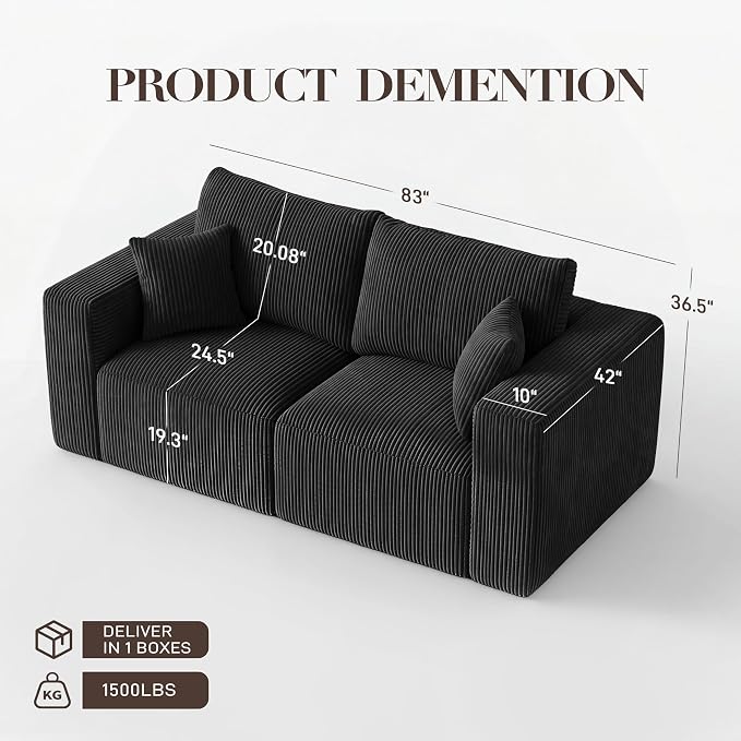 Modular Loveseat Cloud Couch, 79" Memory Foam Boneless Double Sofa, Cozy Upholstered Corduroy Frameless Furniture, No Assembly Required Small Couch for Apartment Living Room Office, Black