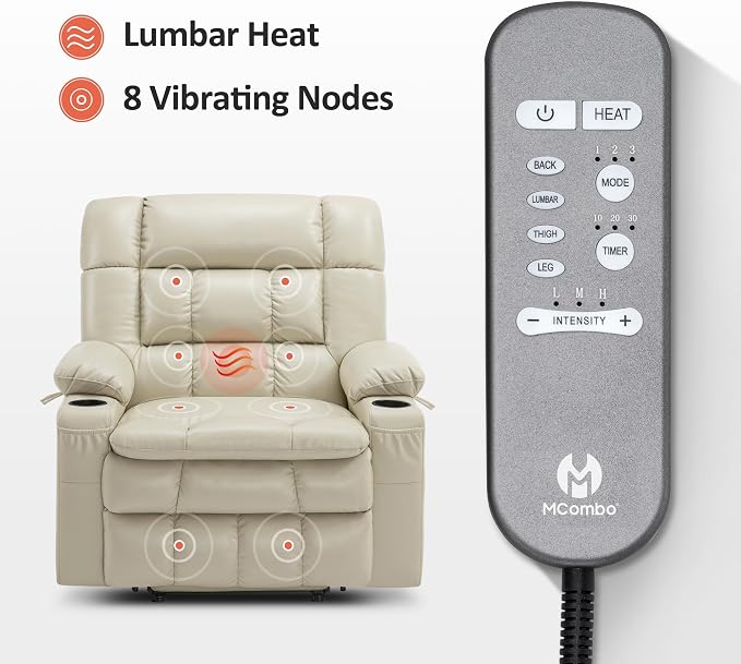 MCombo Extra Wide Dual Motor Power Lift Recliner Chair for Elderly, Zero Gravity Lift Chair with Heat and Massage, Infinite Position Recliners, USB Ports, Faux Leather R7897 (Cream White, Medium-Wide)