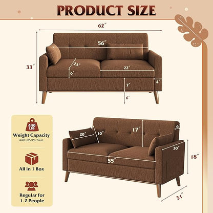 WLIVE 62" Loveseat Sofa, Mid Century Modern Small Couches for Living Room, Button Tufted Upholstered Couch for Bedroom, Solid Wood Frame, Easy to Install Furniture, Brown